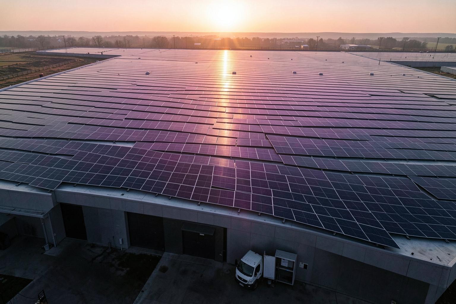 Aerial view of a flat warehouse roof covered in rows of solar panels, with a delivery truck parked at the loading dock