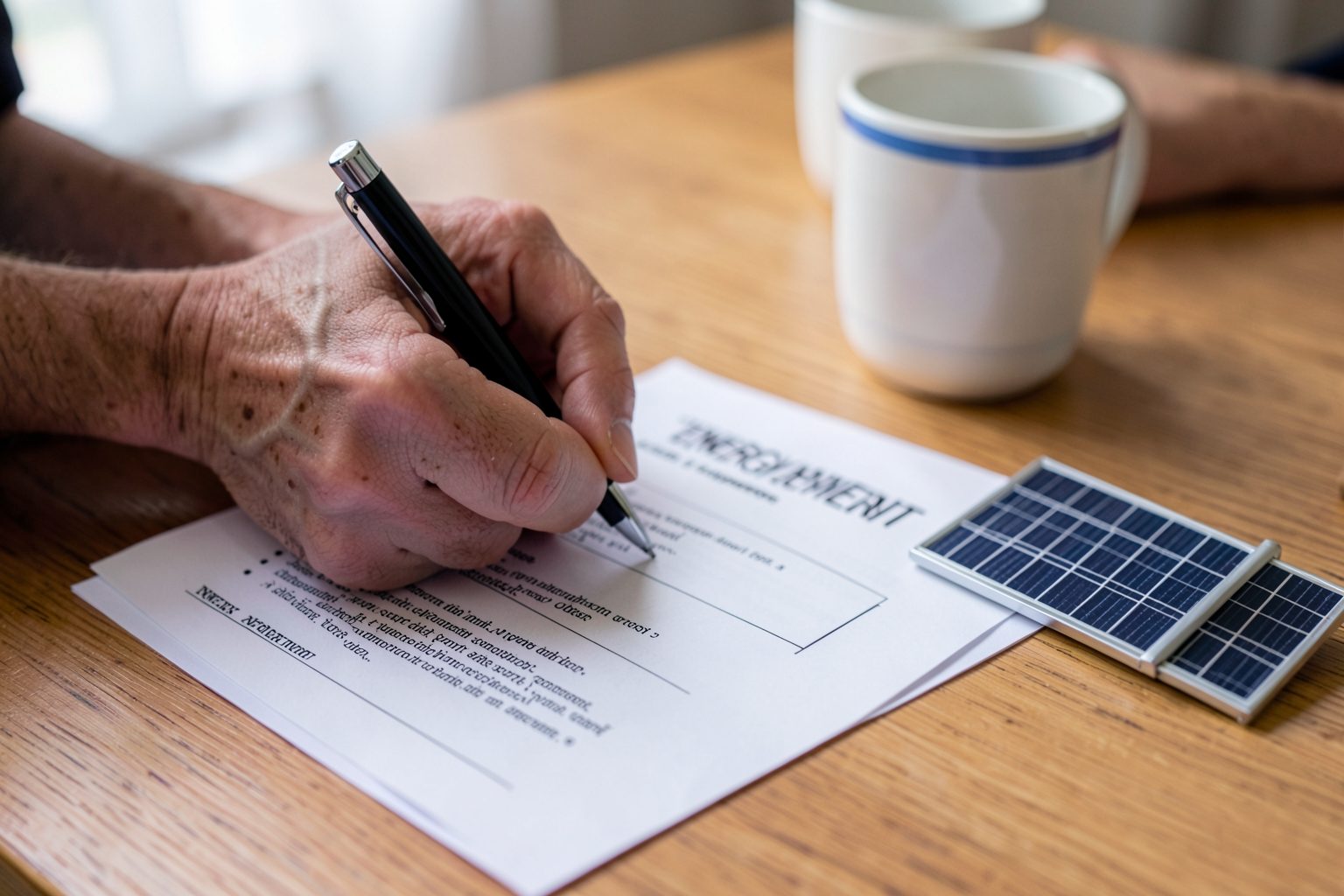 A generated illustration of hands signing a printed energy agreement on a wooden desk beside a small solar panel model