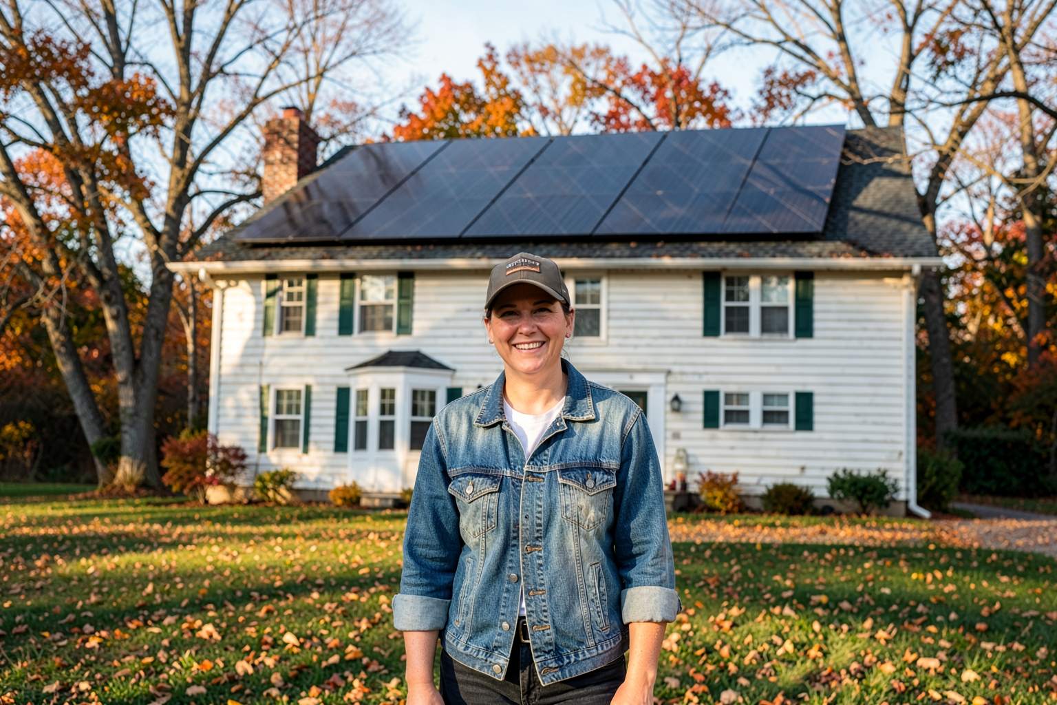 Generated illustration of a homeowner standing in front of a house with rooftop solar panels