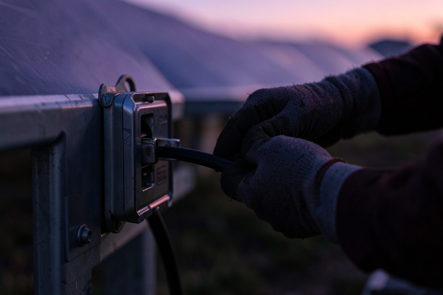 Gloved hands connecting a cable to a combiner box on a solar racking frame