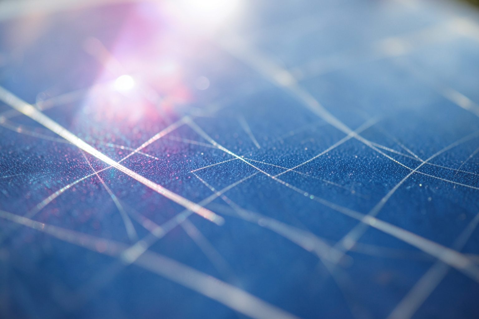 Macro close-up of a blue solar cell with fine silver grid lines and a sun flare across one corner