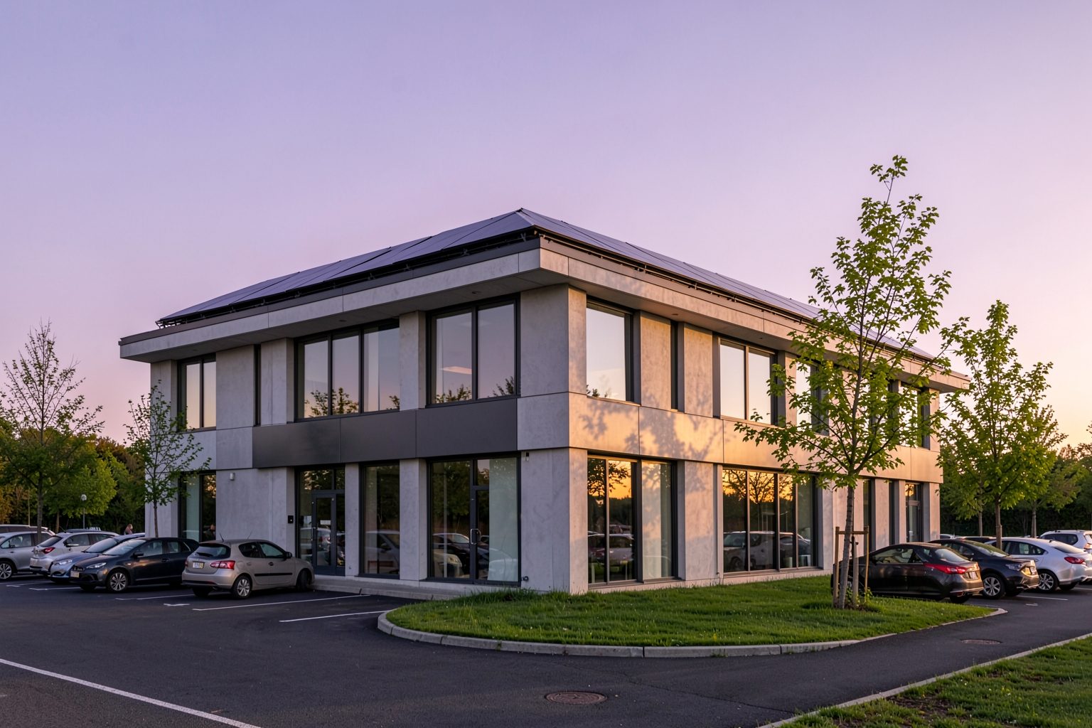 An office building with solar panels across its flat roof and a parking lot in front