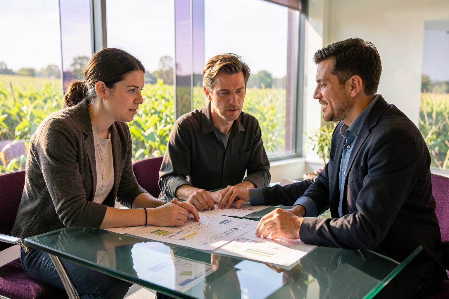 Three colleagues reviewing printed charts at a glass table with a field outside