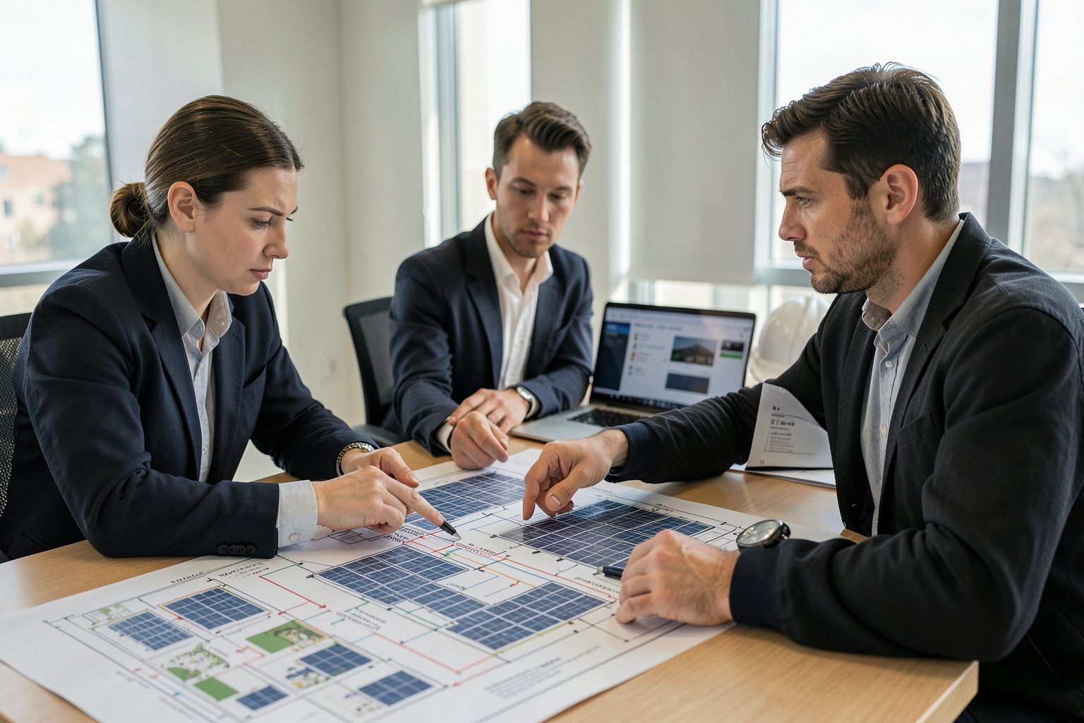 Three engineers at a meeting table reviewing a solar layout plan