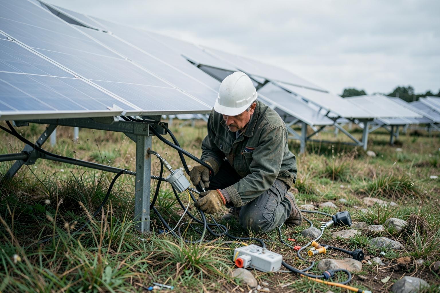 A worker in a hard hat wiring cables beneath a solar panel array outdoors